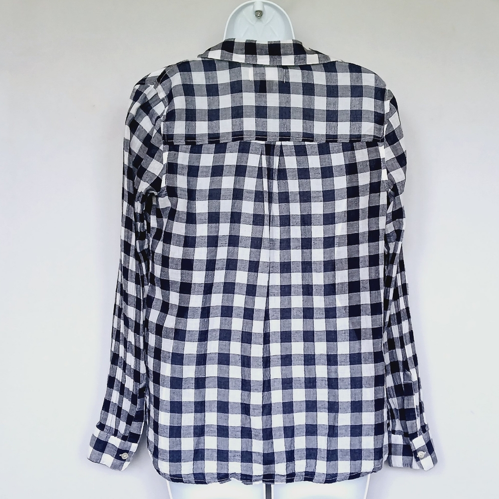 Classic Navy Blue & White Gingham Checkered Long Sleeve Button Up Shirt XS - Picture 2 of 5